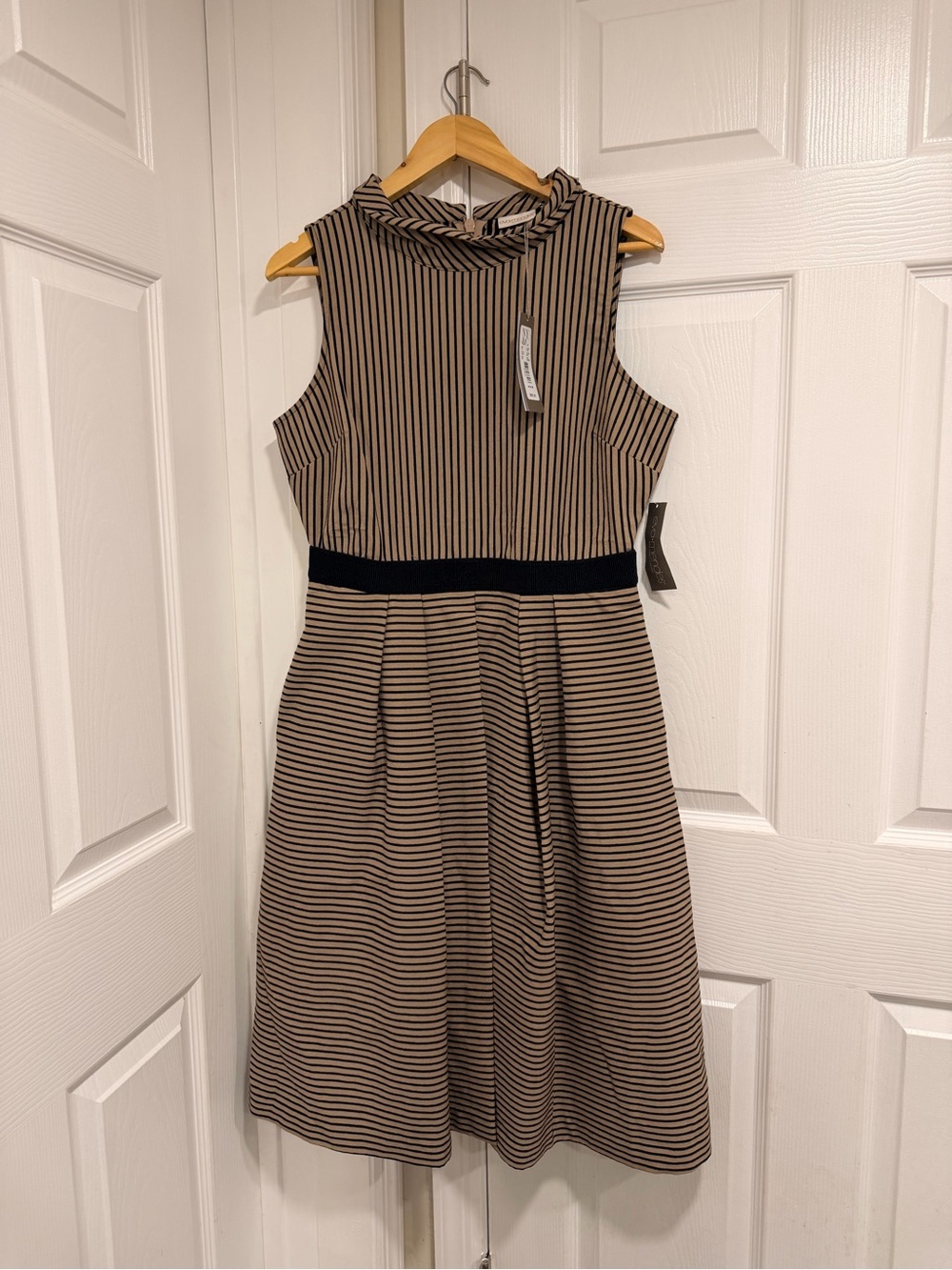 New York & Company Beige and Black Striped Sleeveless Fit-and-Flare Dress